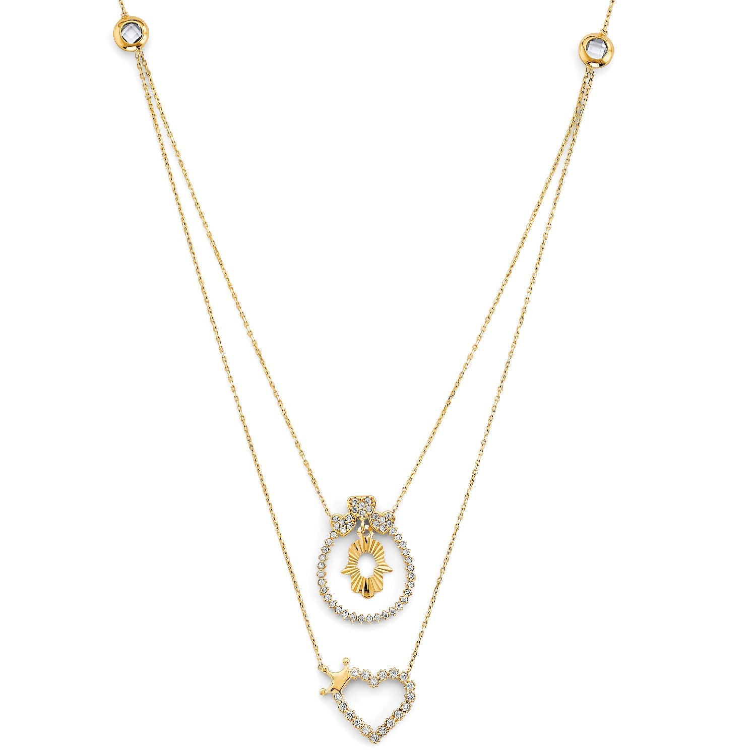 Adjustable White CZ Heart Necklace in 14K Gold