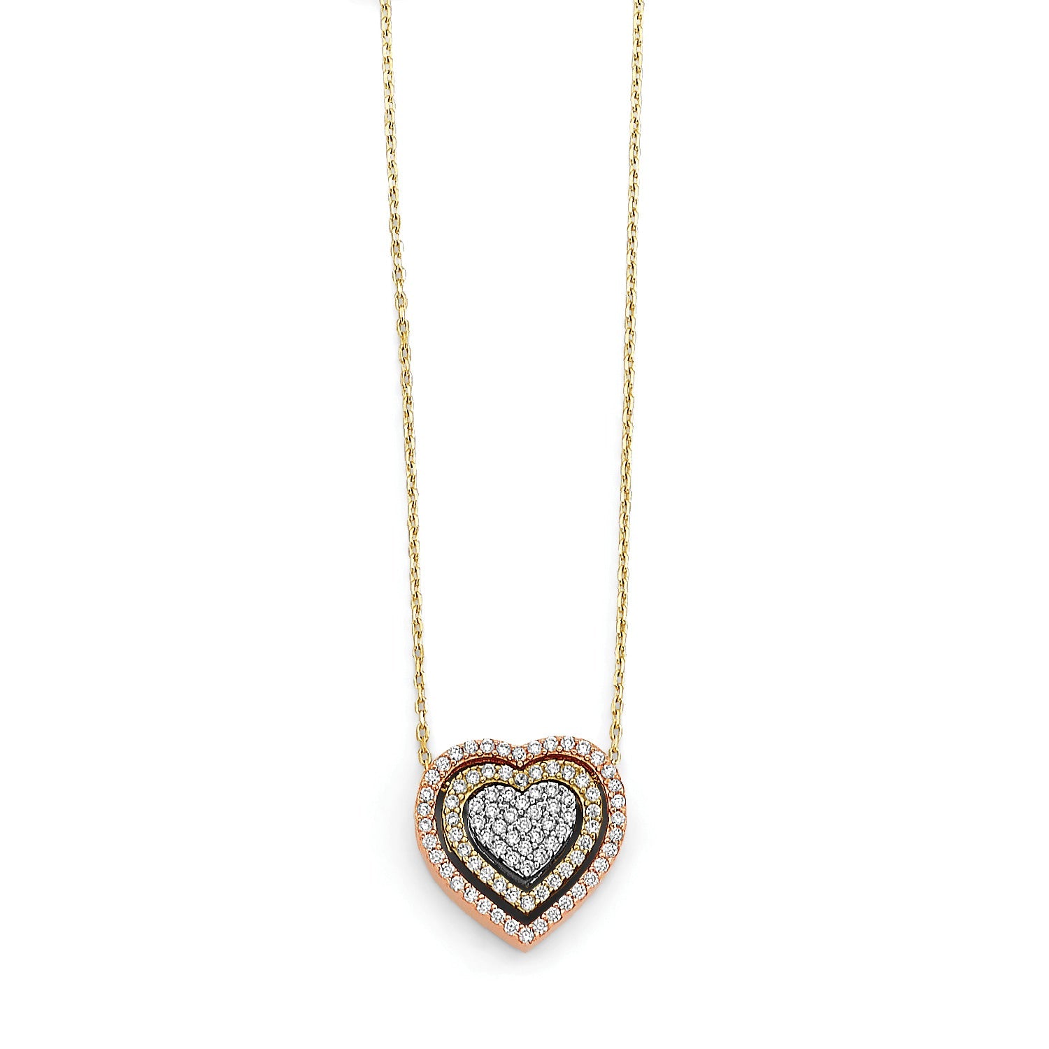 Adjustable White CZ Heart Necklace in 14K Tri-Color Gold