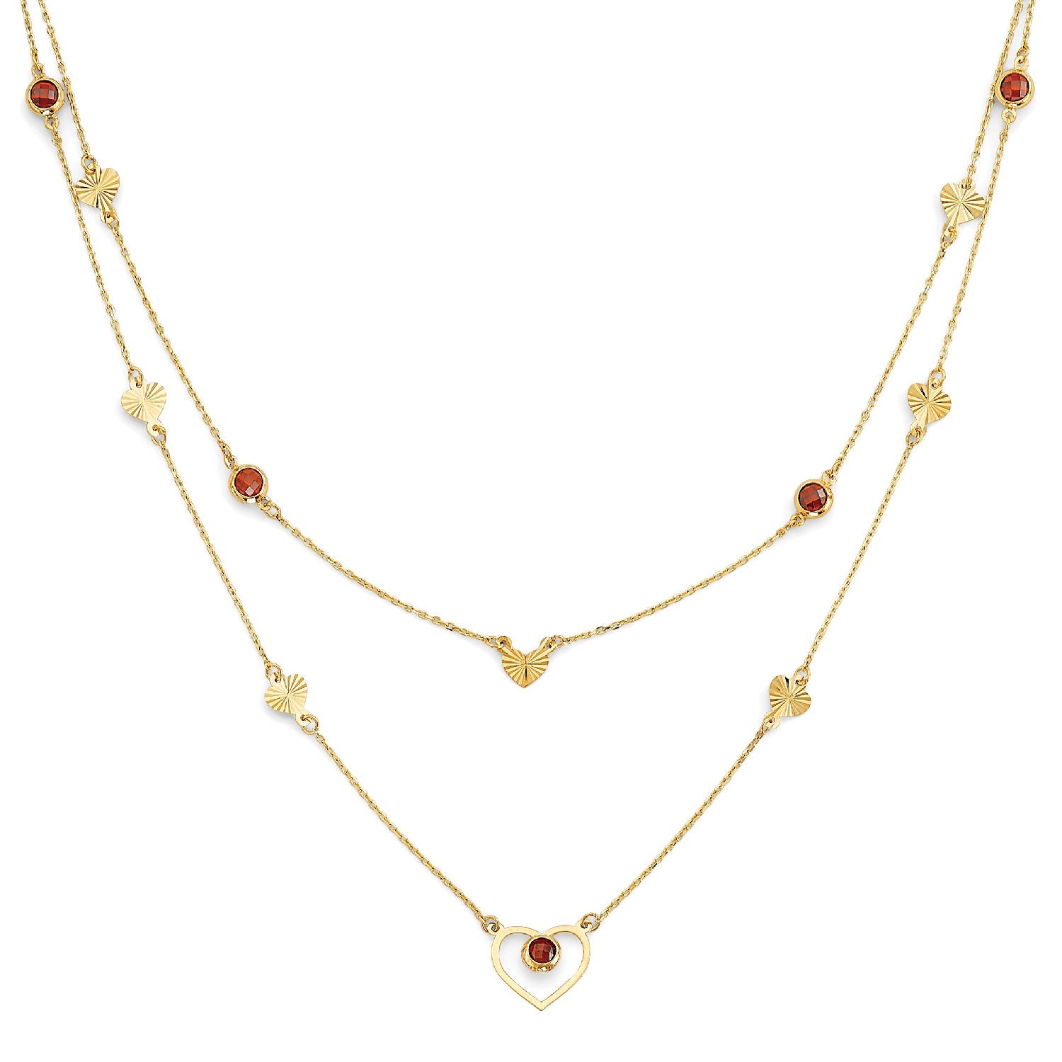 Adjustable Red CZ Heart Necklace in 14K Gold