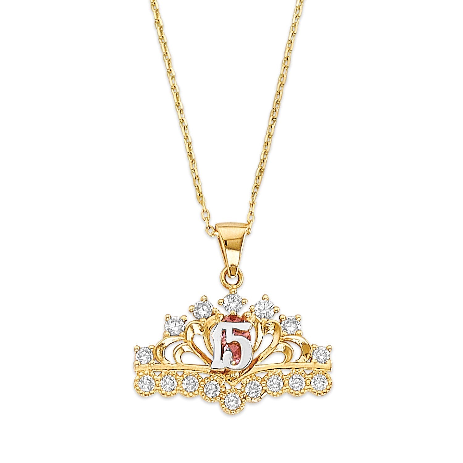 Adjustable White & Pink CZ Tiara Charm Necklace in 14K Gold