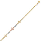 Ladies Cross Charm Bracelet in 14K Tri-Color Gold