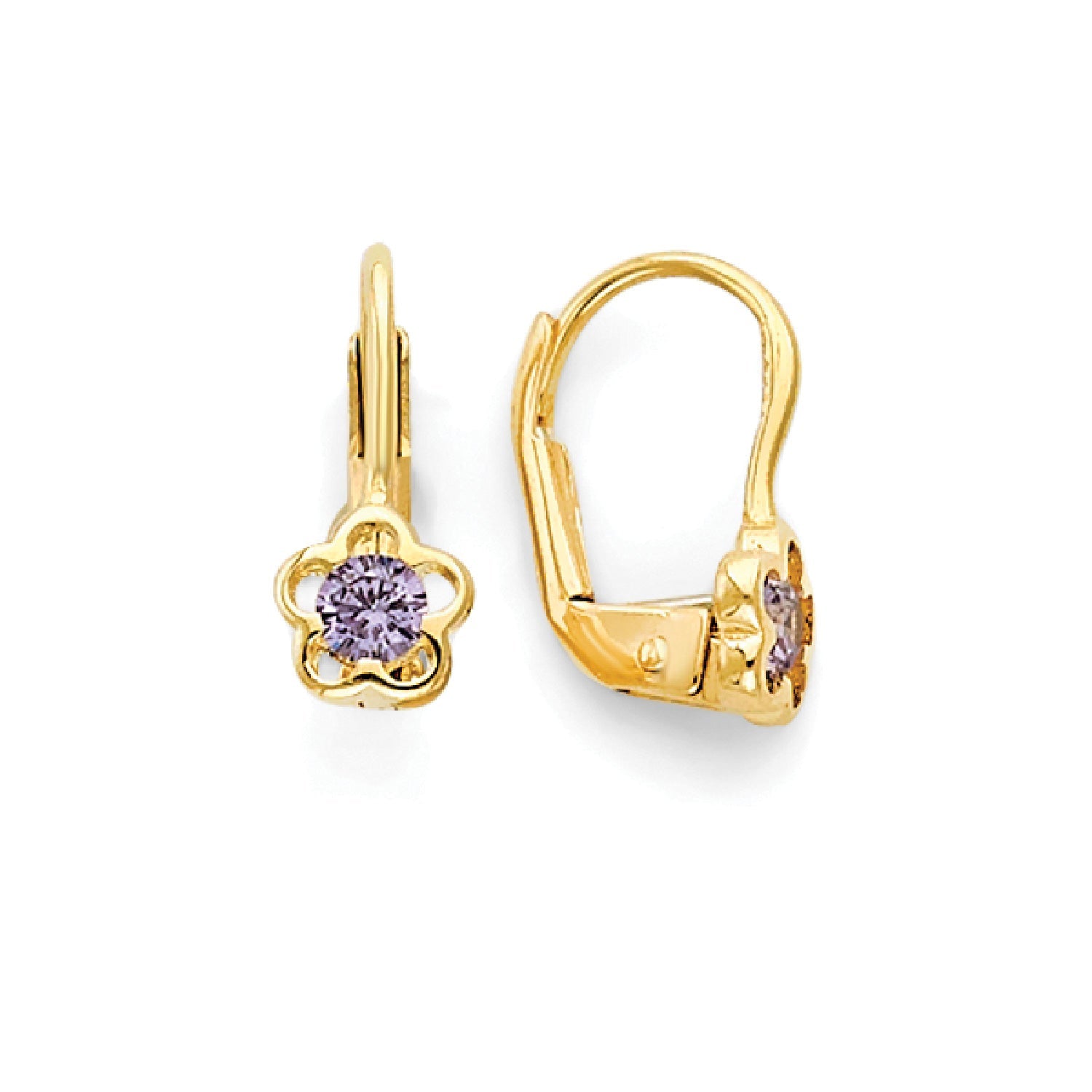 Purple CZ Flower Huggie Earrings in 14K Gold