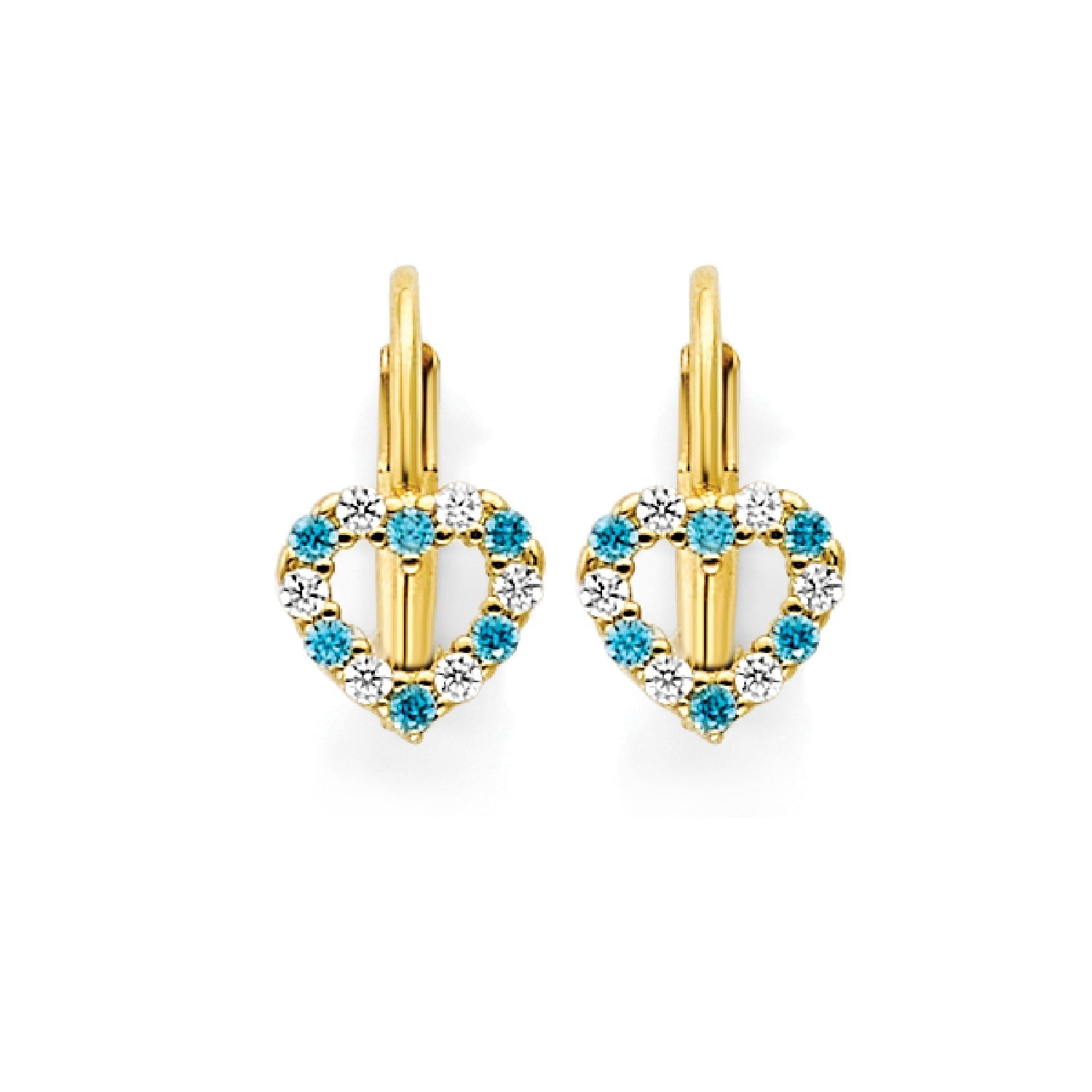 Light Blue & White CZ Heart Huggie Earrings in 14K Gold