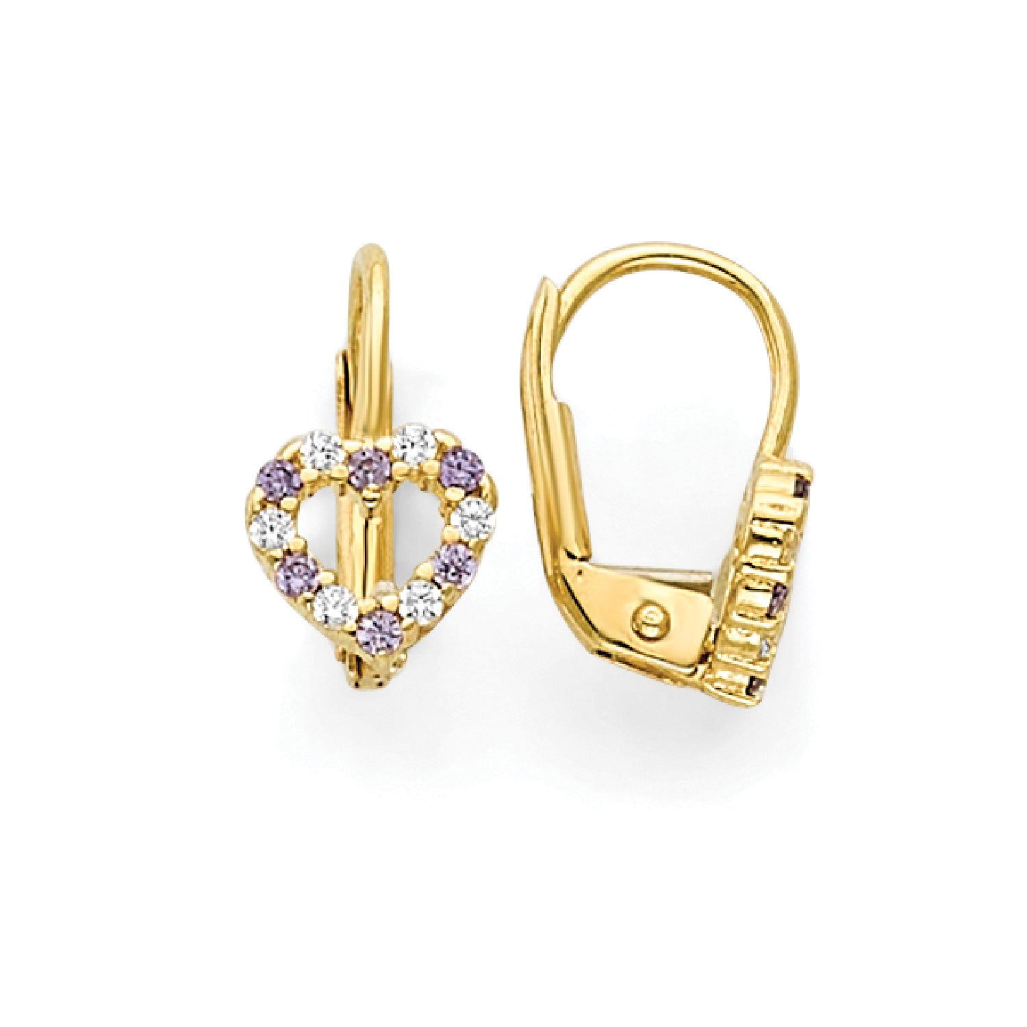 Purple & White CZ Heart Huggie Earrings in 14K Gold