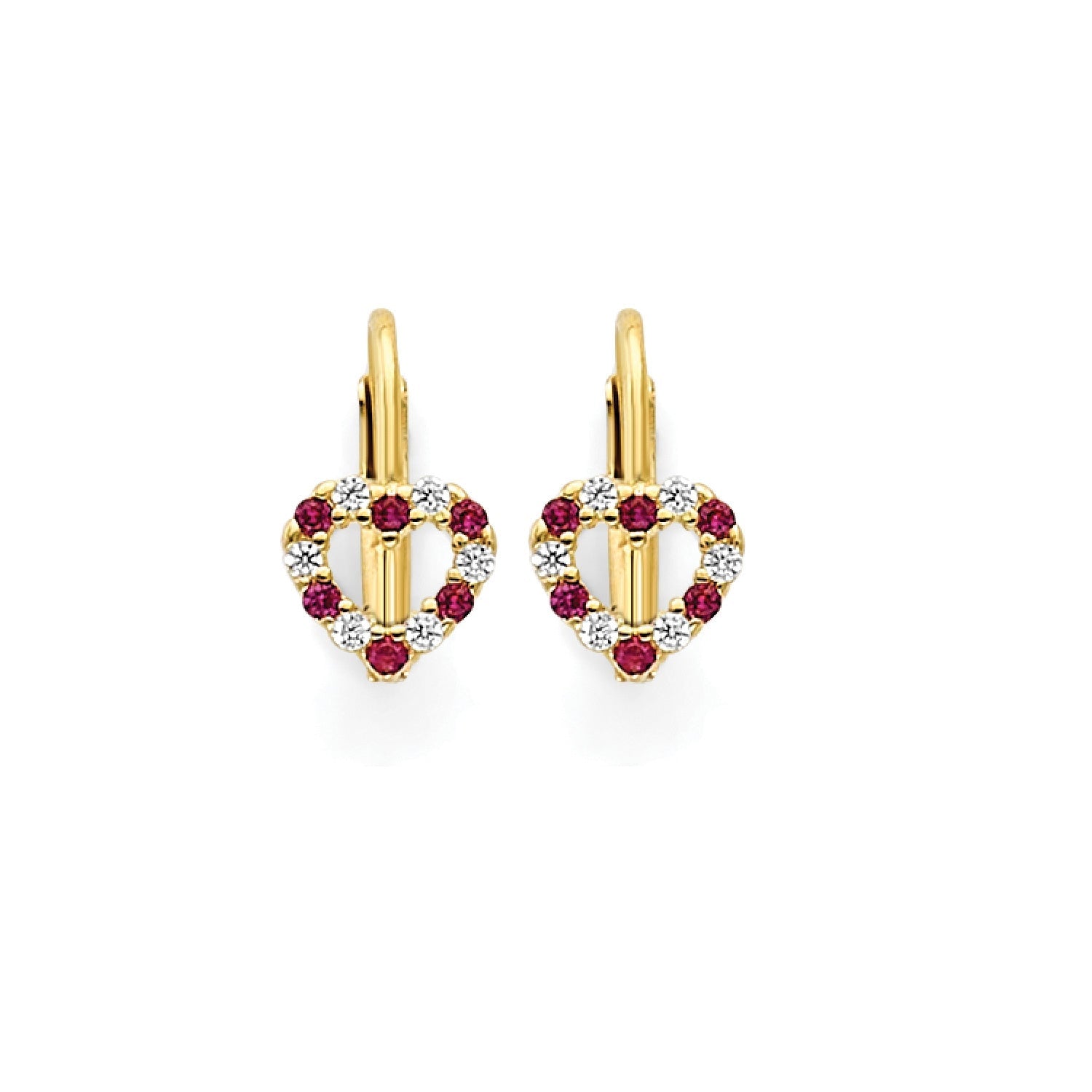 Red & White CZ Heart Huggie Earrings in 14K Gold