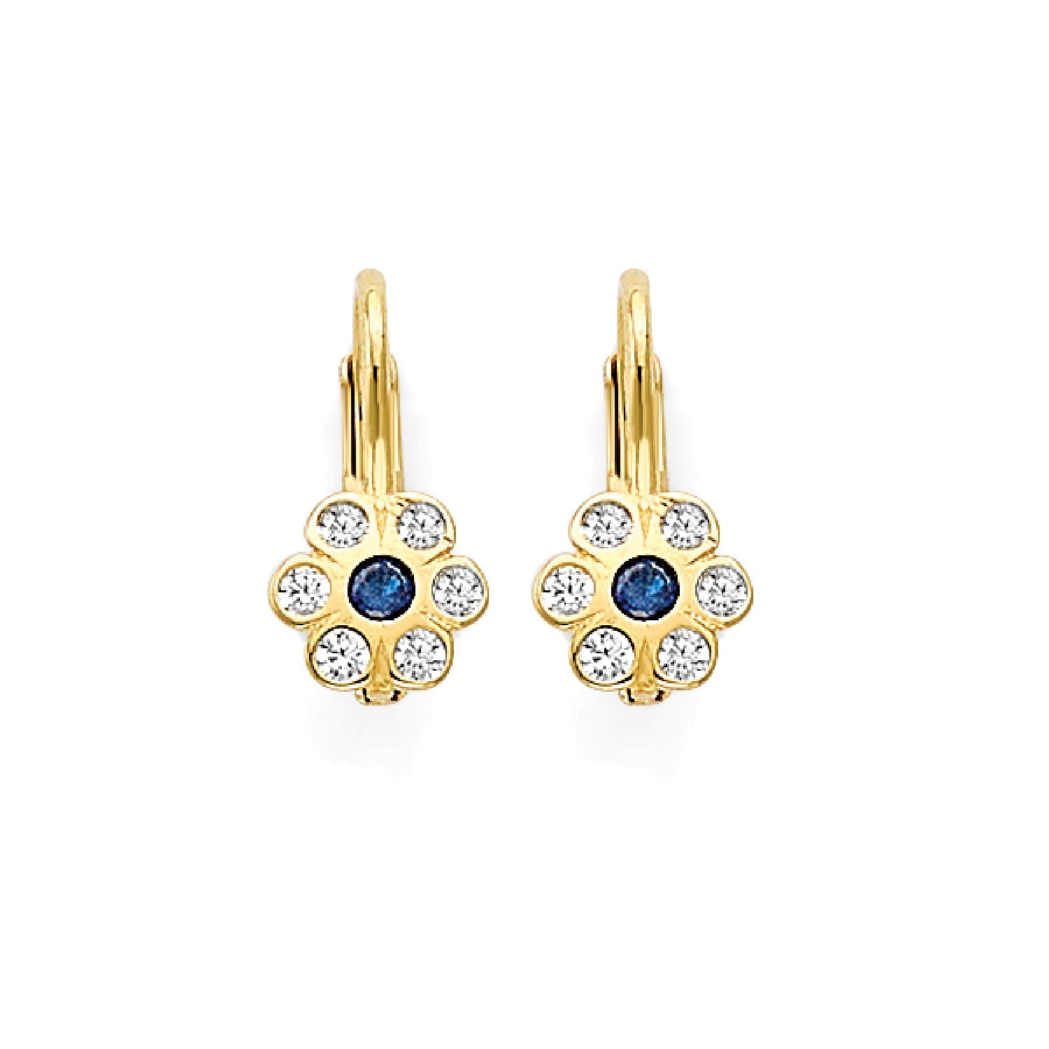 Blue & White CZ Flower Huggie Earrings In 14K Gold