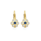 Blue & White CZ Flower Huggie Earrings In 14K Gold