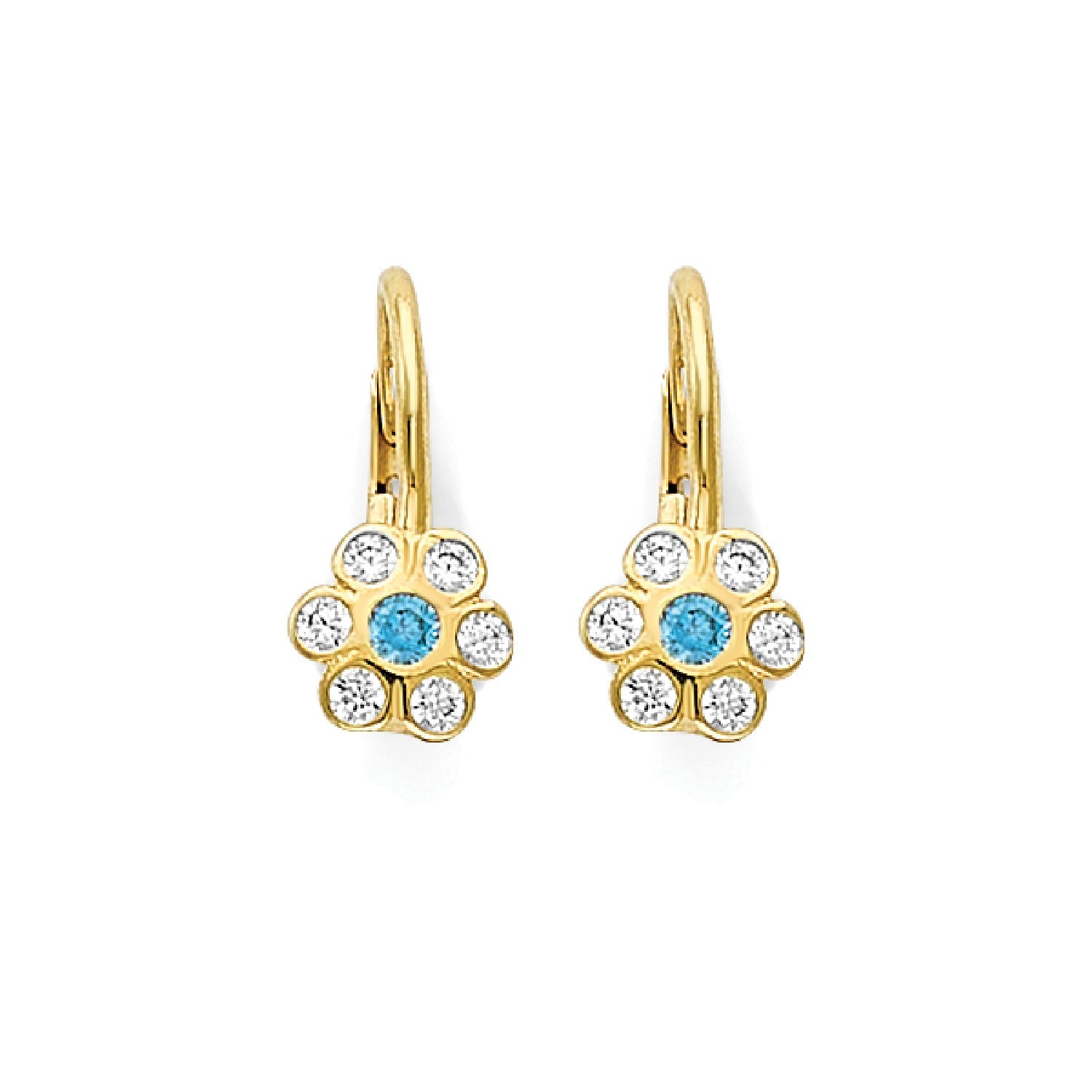 Light Blue & White CZ Flower Huggie Earrings in 14K Gold