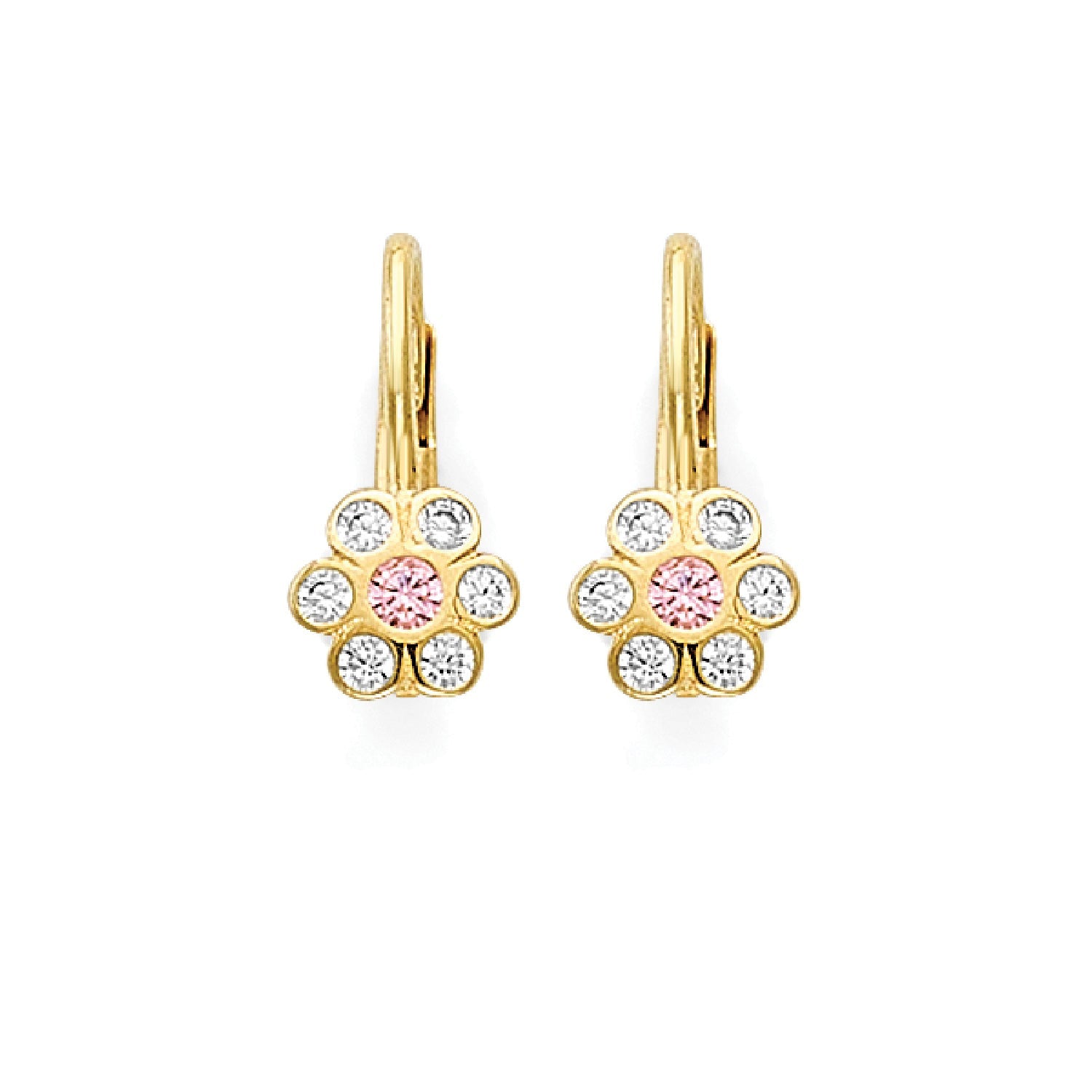 Pink & White CZ Flower Huggie Earrings in 14K Gold