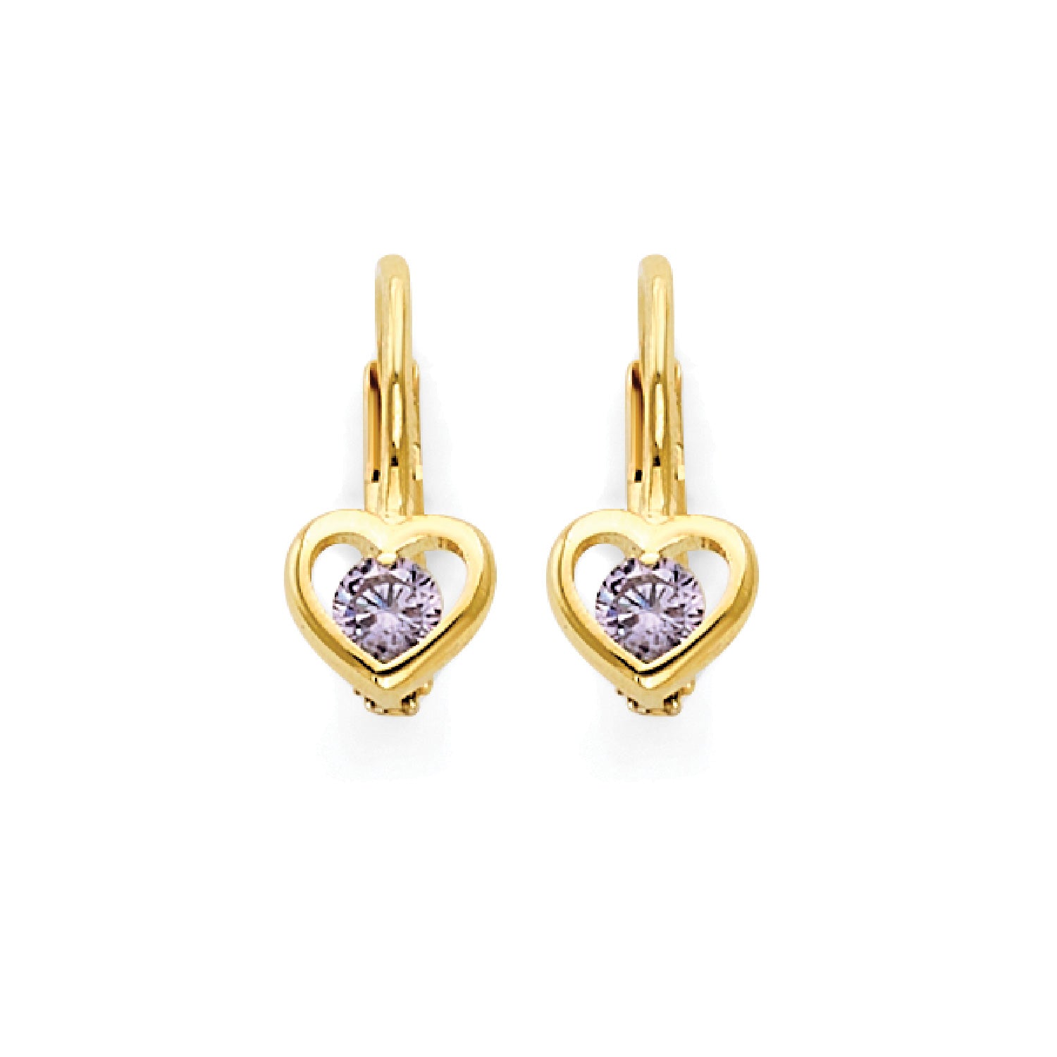 Purple CZ Heart Huggie Earrings in 14K Gold