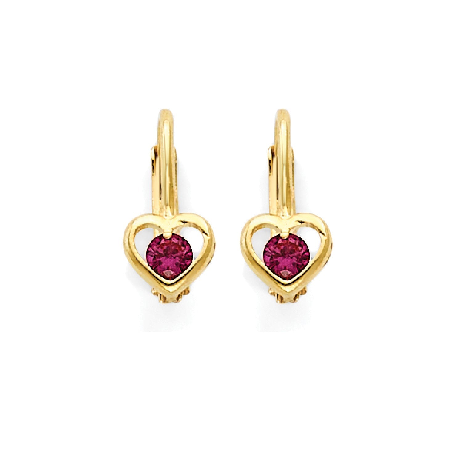 Red CZ Heart Huggie Earrings in 14K Gold