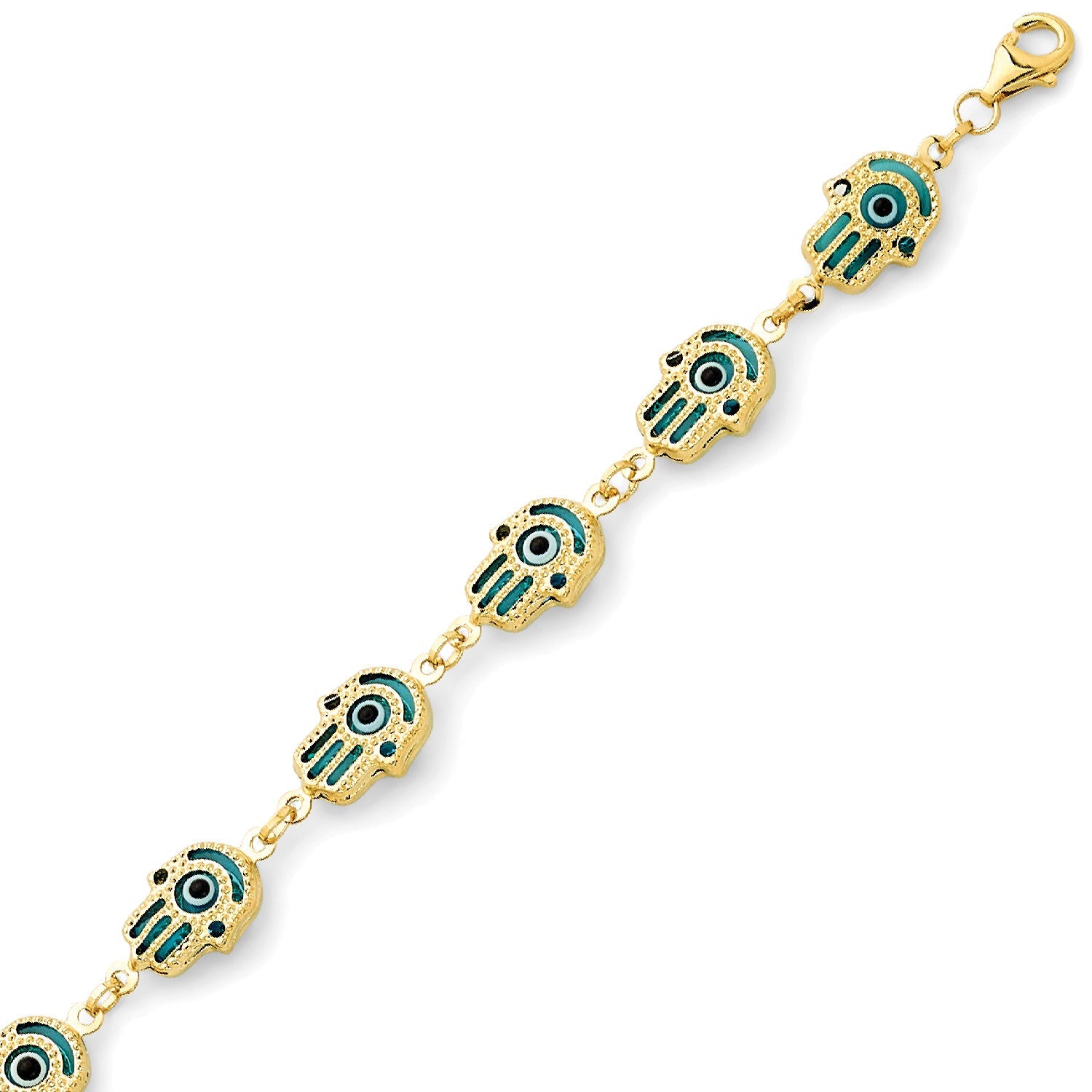 Beaded Blue & White Enamel Ladies Eye Charm Bracelet in 14K Gold