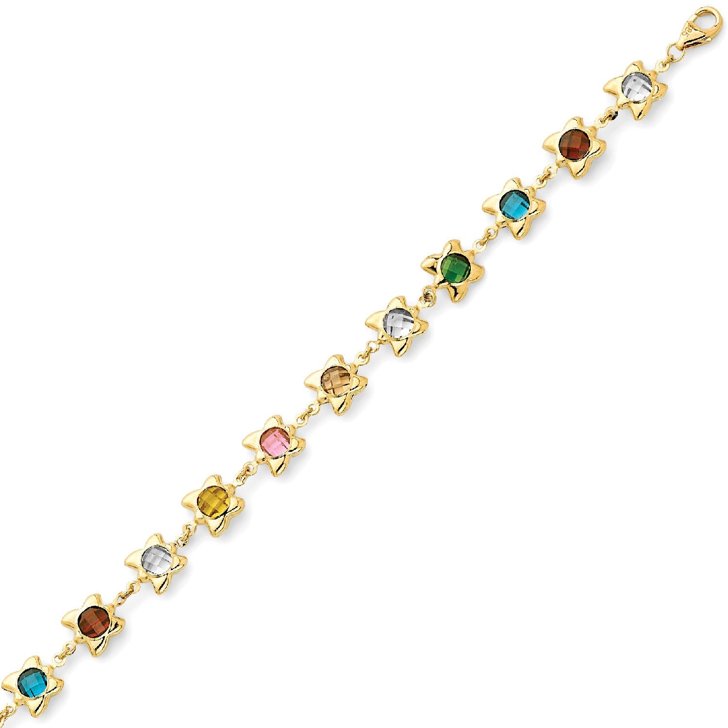 Beaded Multi-Color CZ Ladies Butterfly Charm Bracelet in 14K Gold
