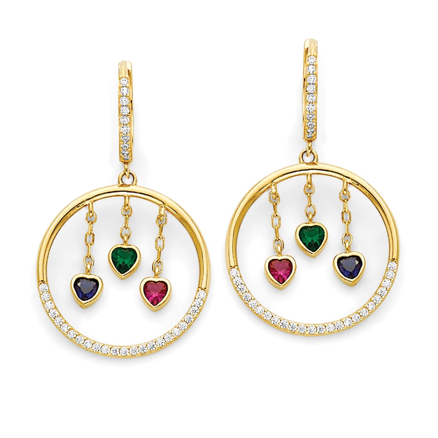 Multi-Color CZ Heart Chandelier Earrings in 14K Gold