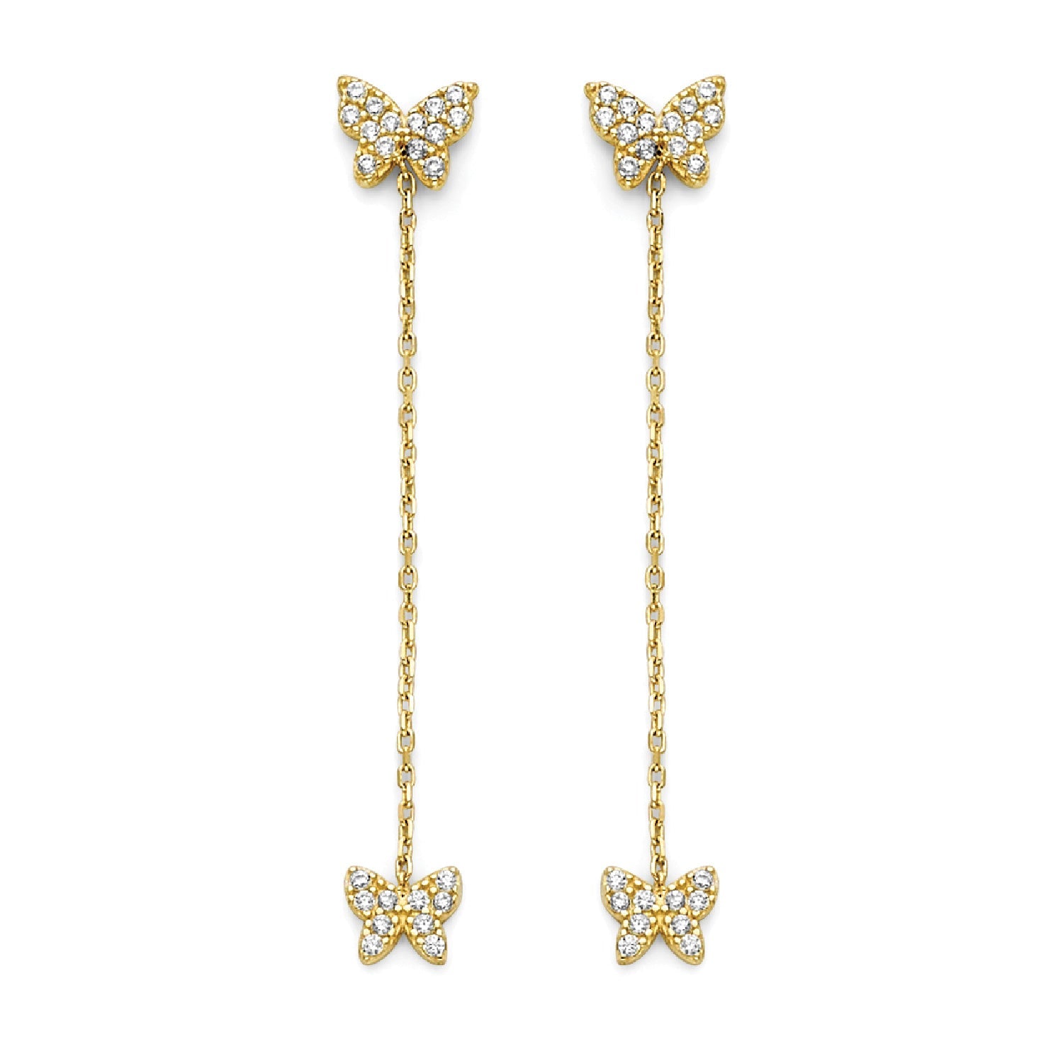 White CZ Butterfly Drop Earrings in 14K Gold