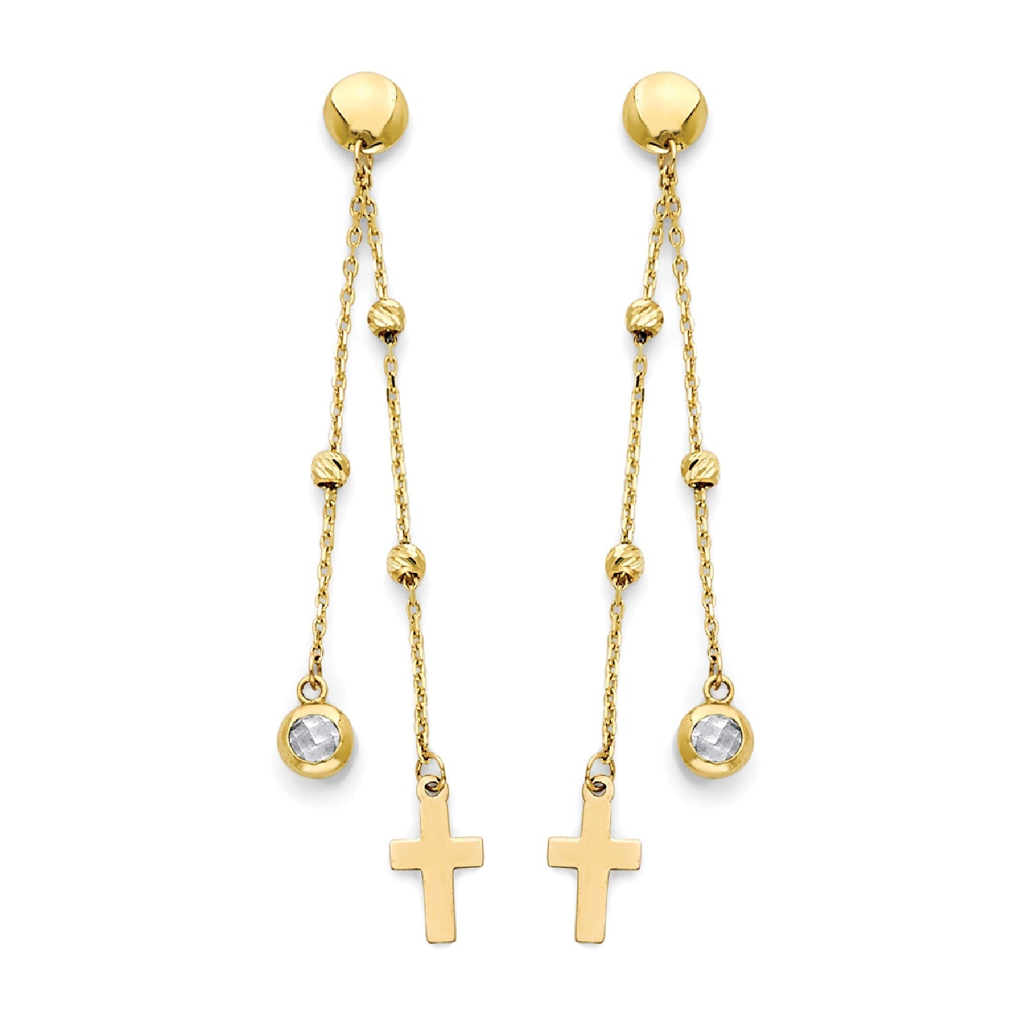 White CZ Cross Tassle Earrings in 14K Gold