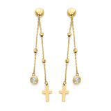 White CZ Cross Tassle Earrings in 14K Gold