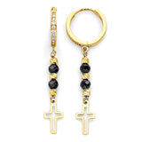 Black Onyx & White CZ Cross Tassel Earrings in 14K Gold