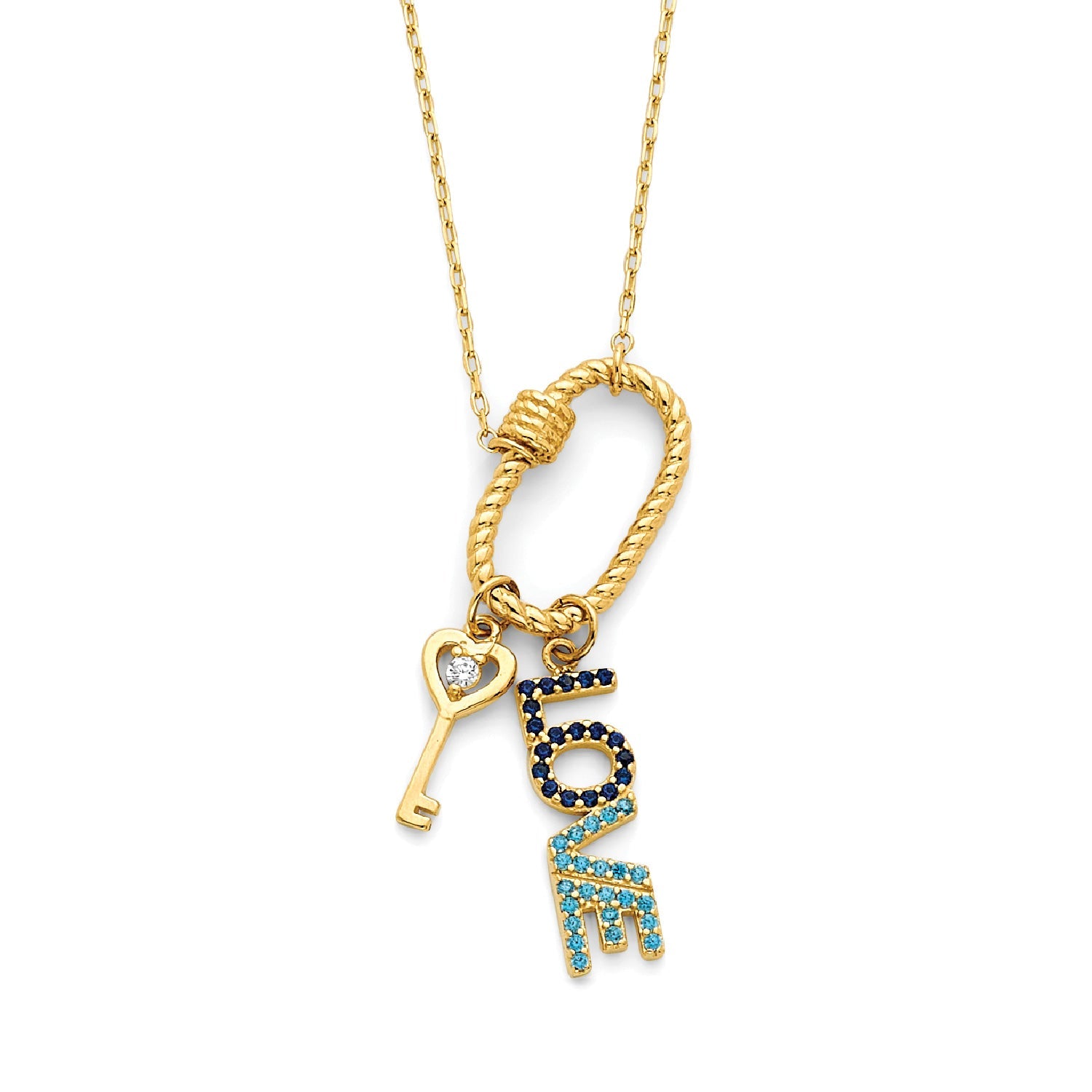 Adjustable Blue & White CZ Charm Necklace in 14K Gold
