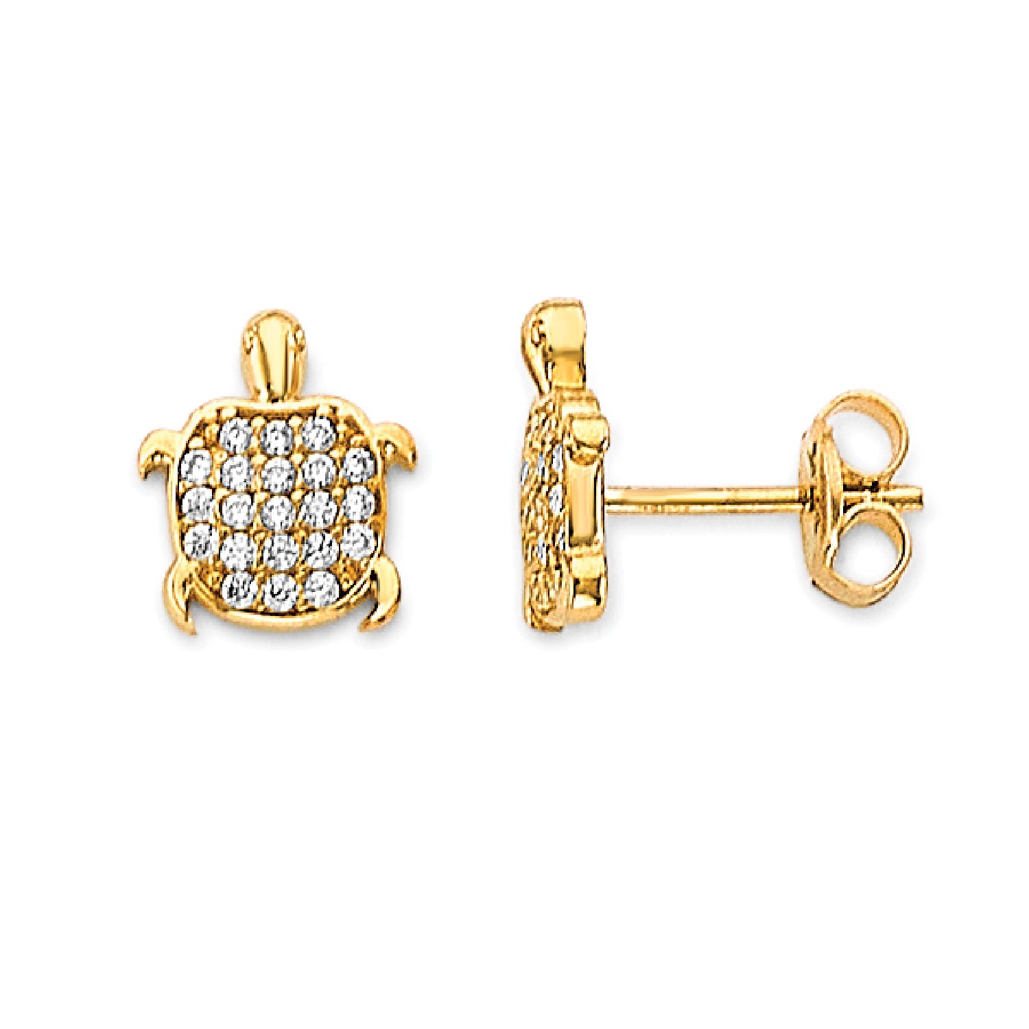 White CZ Turtle Stud Earrings in 14K Gold
