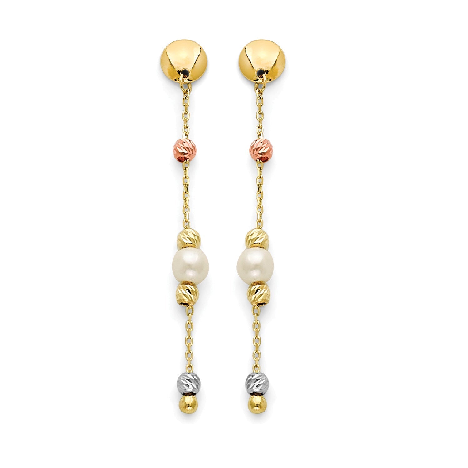 Pearl Arrow Tassle Earrings in 14K Tri-Color Gold
