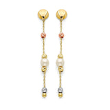 Pearl Arrow Tassle Earrings in 14K Tri-Color Gold