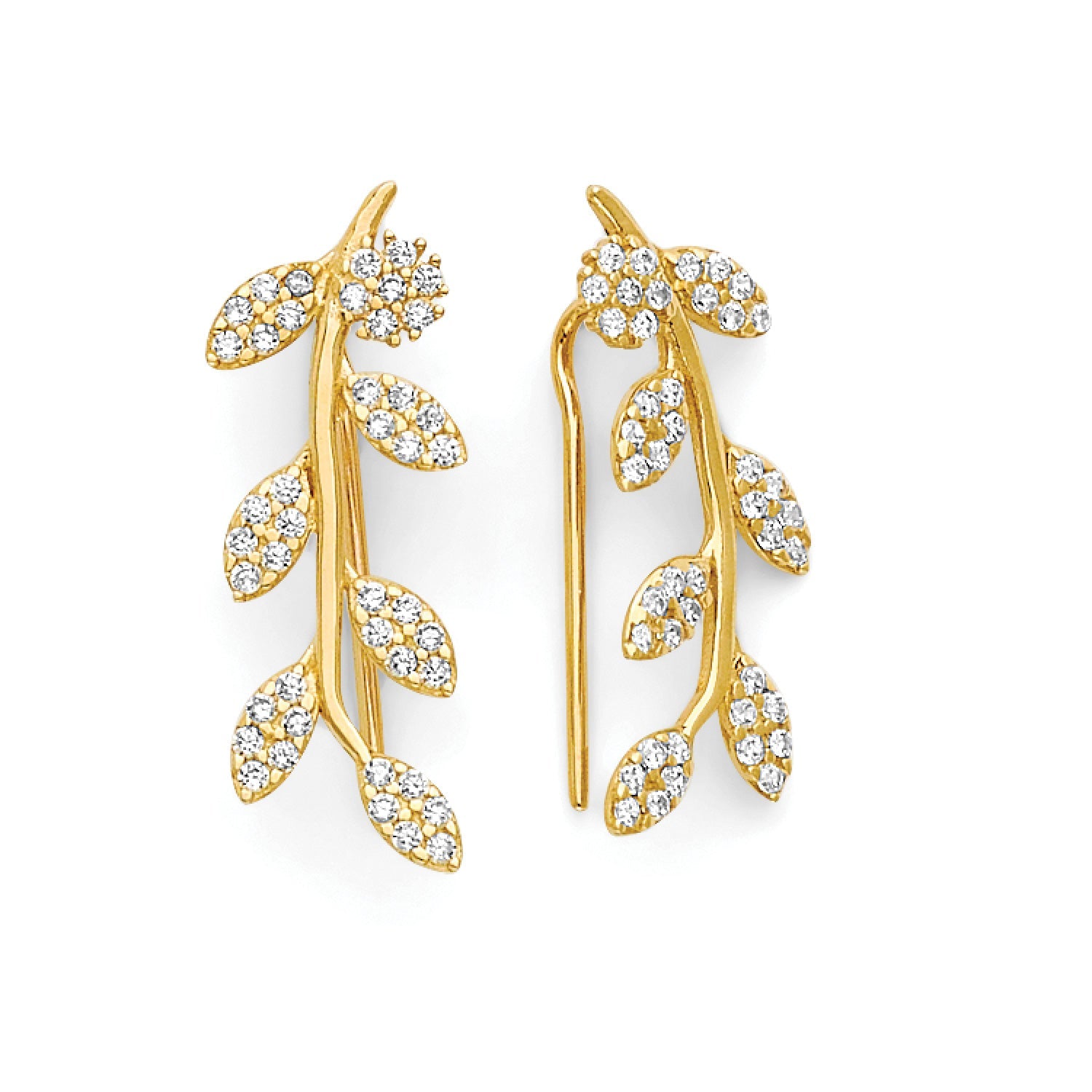 White CZ Leaf Crawler Stud Earrings in 14K Gold