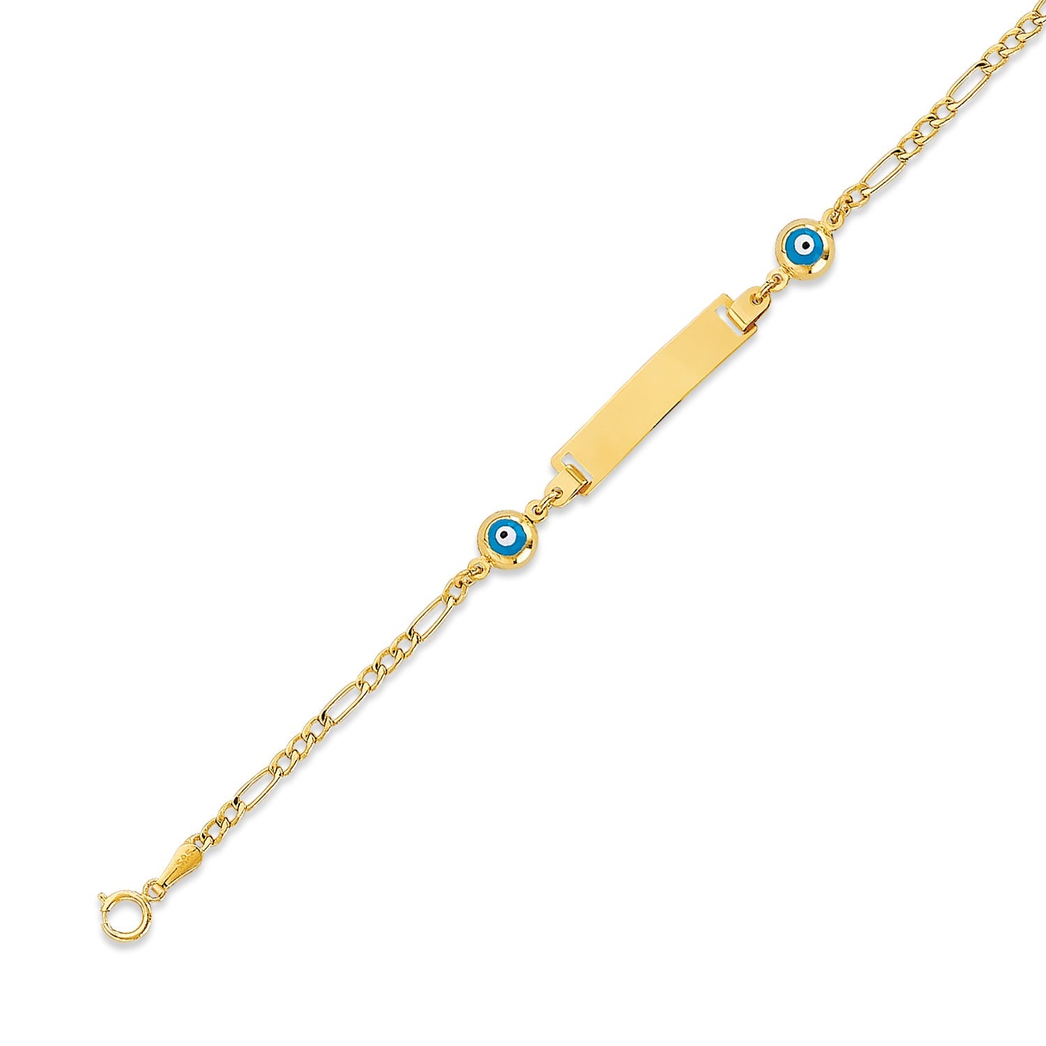 Blue & White Enamel Eye Kids ID Bracelet in 14K Gold