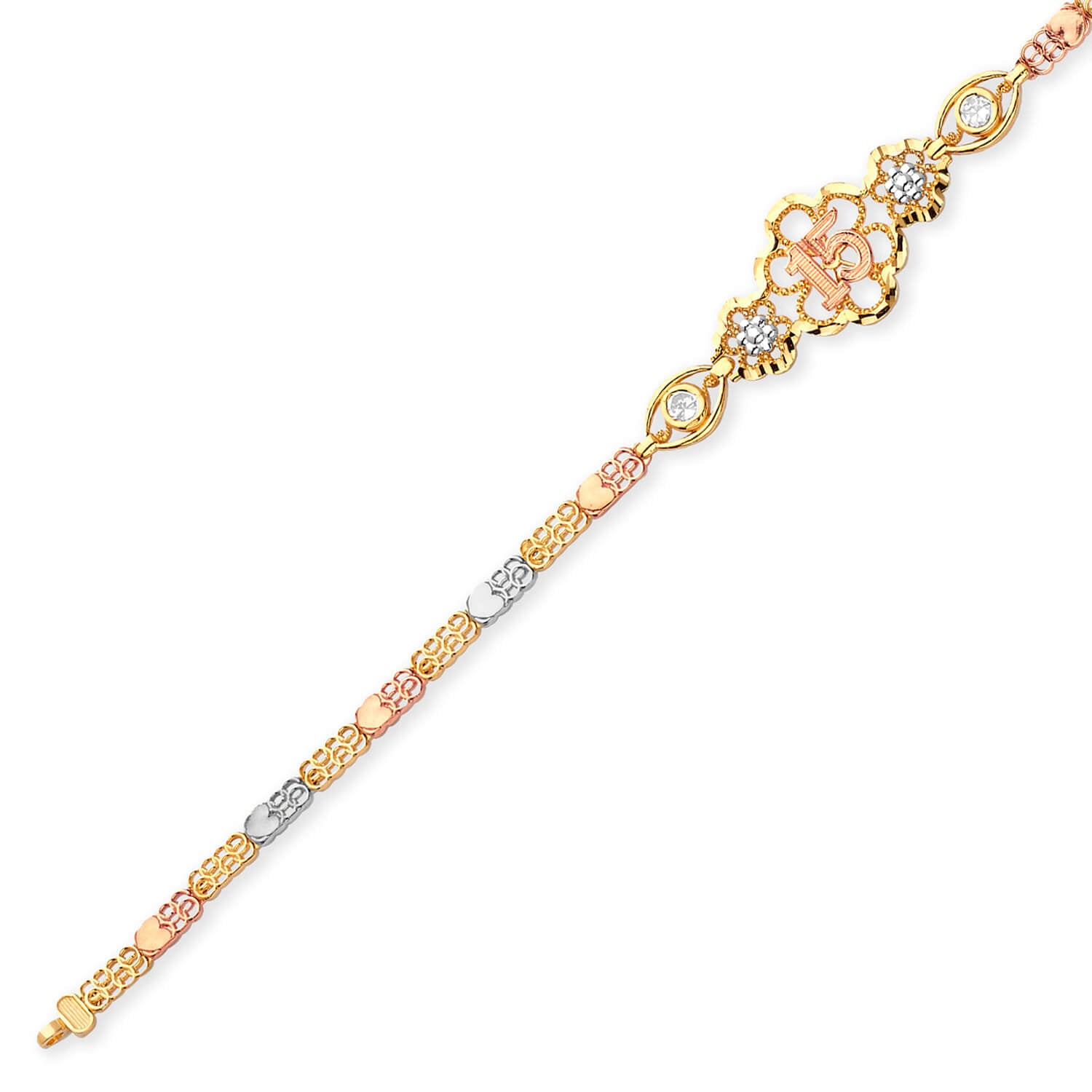 Mexican White CZ Quinceañera Heart Bracelet In 14K Tri-Color Gold