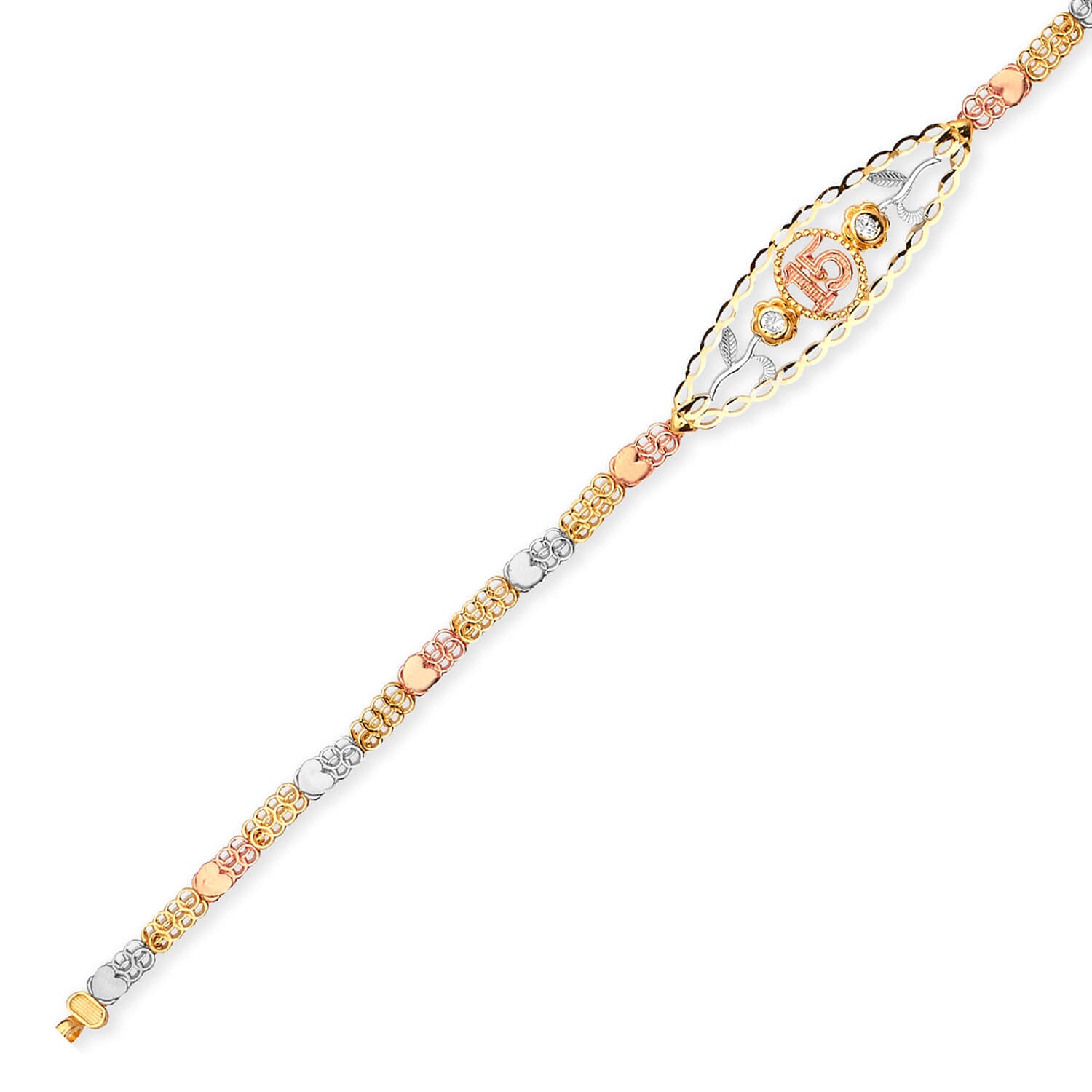 Mexican White CZ Quinceañera Heart Bracelet In 14K Tri-Color Gold