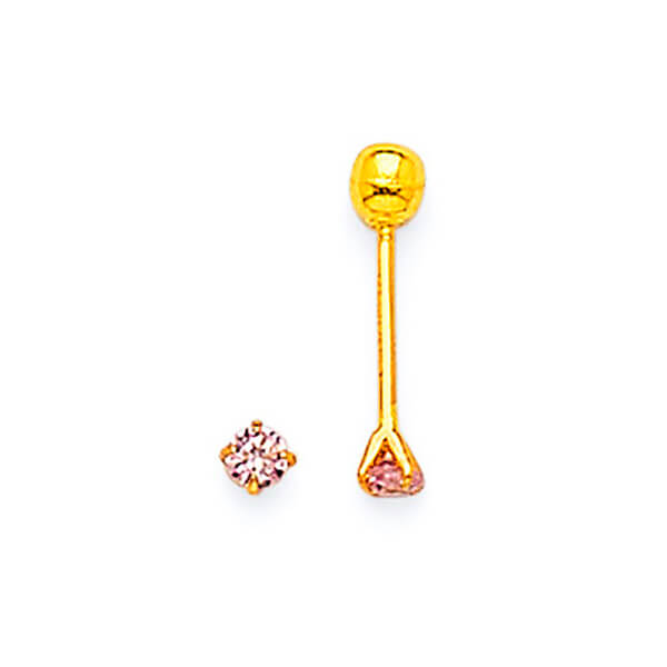 Solitaire Stud Earrings with Pink CZ in 14K Gold and Screw Backing