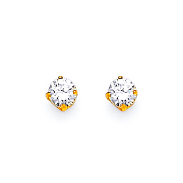 Solitaire Stud Earrings with White CZ in 14K Gold and Screw Backing