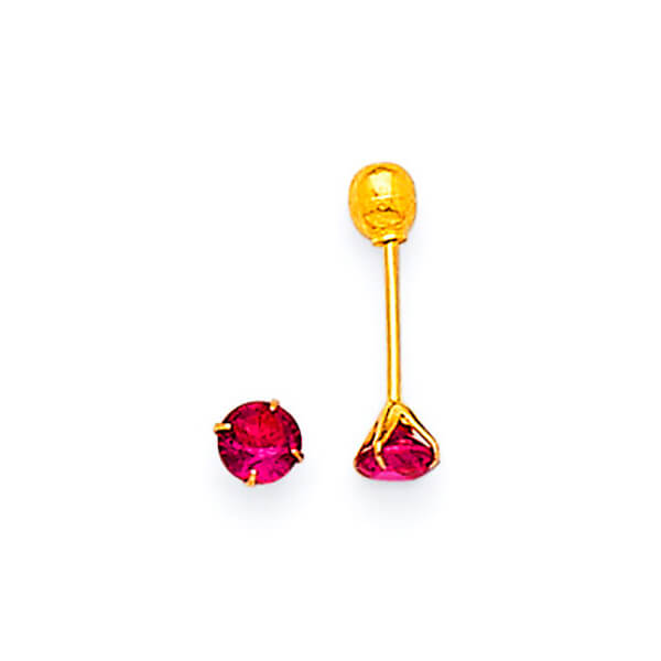 Solitaire Stud Earrings with Red CZ in 14K Gold and Screw Backing