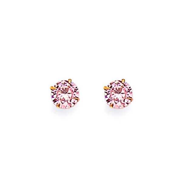 Solitaire Stud Earrings with Pink CZ in 14K Gold and Screw Backing
