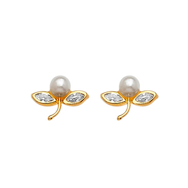 Flower Stud Earrings with White CZ and Pearl in 14K Gold and Screw Backing