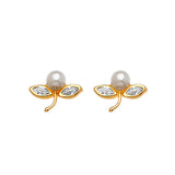 Flower Stud Earrings with White CZ and Pearl in 14K Gold and Screw Backing