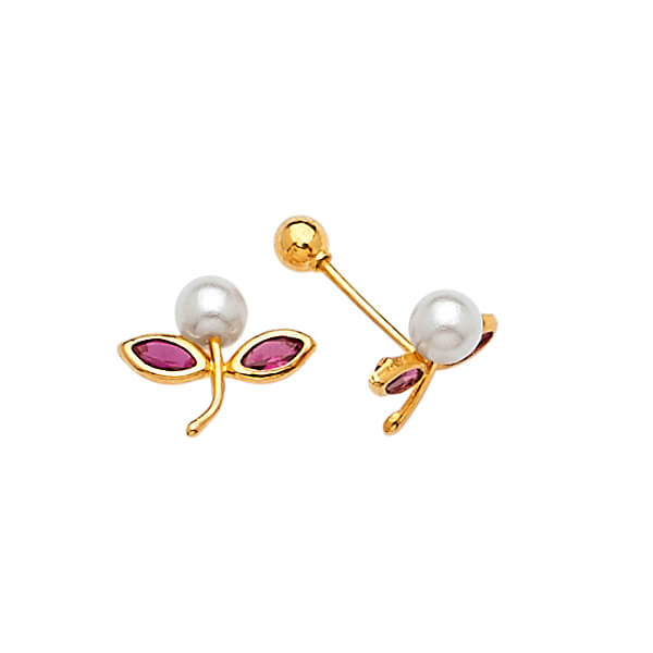 Flower Stud Earrings with Red CZ and Pearl in 14K Gold and Screw Backing