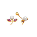 Flower Stud Earrings with Red CZ and Pearl in 14K Gold and Screw Backing