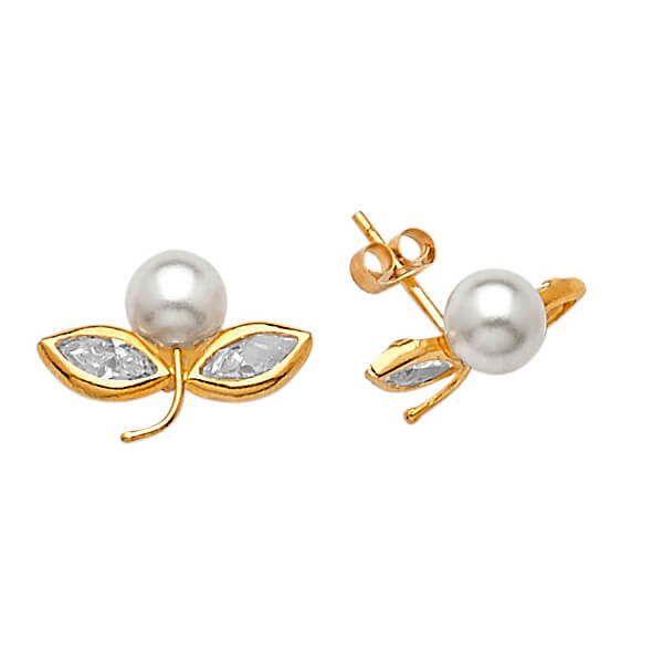 Flower Stud Earrings with White CZ and Pearl in 14K Gold and Butterfly Backing