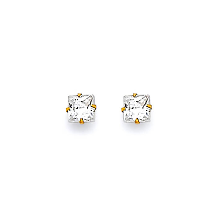 Solitaire Stud Earrings with White CZ in 14K Gold and Butterfly Backing