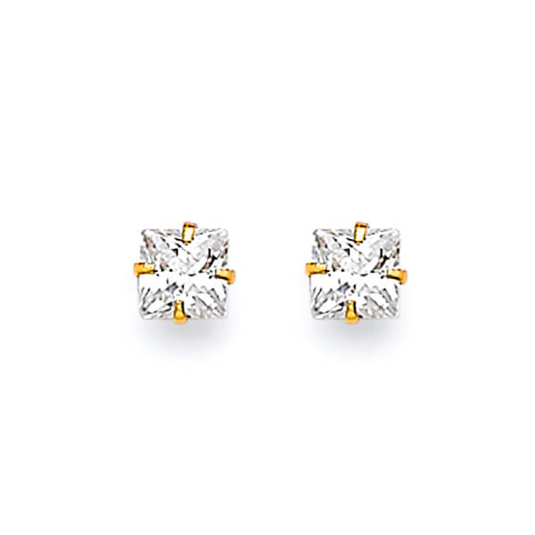 Solitaire Stud Earrings with White CZ in 14K Gold and Butterfly Backing