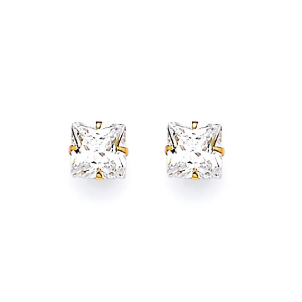 Solitaire Stud Earrings with White CZ in 14K Gold and Butterfly Backing