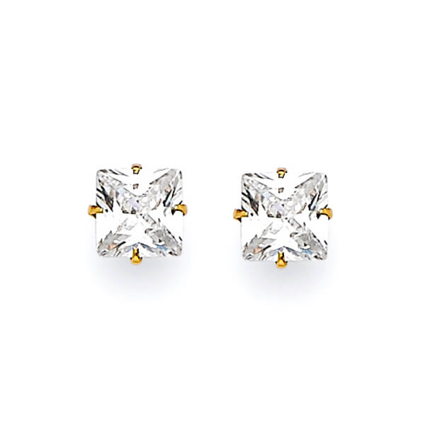 Solitaire Stud Earrings with White CZ in 14K Gold and Butterfly Backing