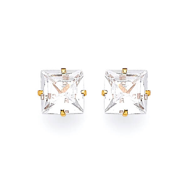 Solitaire Stud Earrings with White CZ in 14K Gold and Butterfly Backing