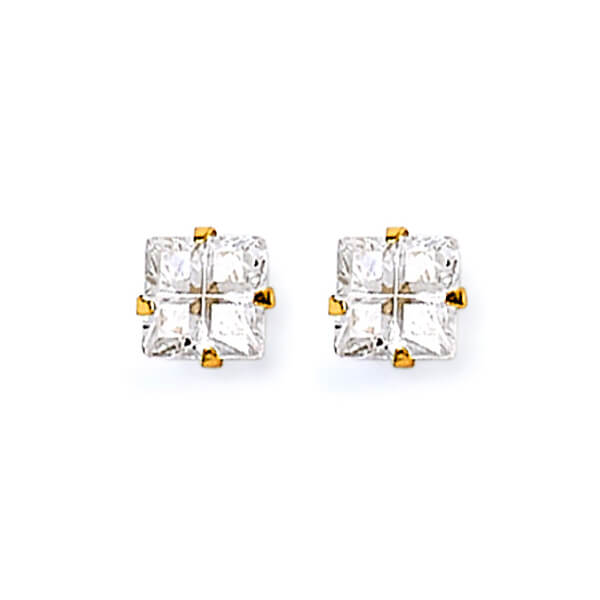 Solitaire Stud Earrings with White CZ in 14K Gold and Butterfly Backing