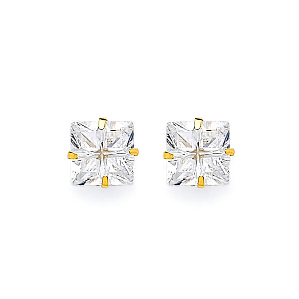 Solitaire Stud Earrings with White CZ in 14K Gold and Butterfly Backing