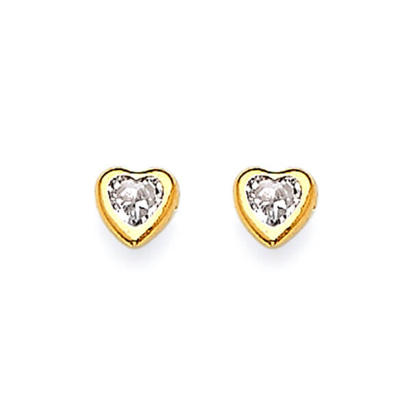 Heart Solitaire Stud Earrings with White CZ in 14K Gold and Butterfly Backing