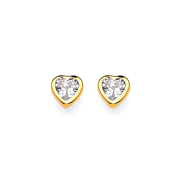 Heart Solitaire Stud Earrings with White CZ in 14K Gold and Butterfly Backing