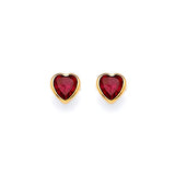 Heart Solitaire Stud Earrings with Red CZ in 14K Gold and Screw Backing