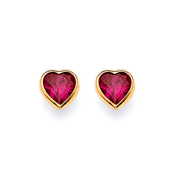 Heart Solitaire Stud Earrings with Red CZ in 14K Gold and Butterfly Backing